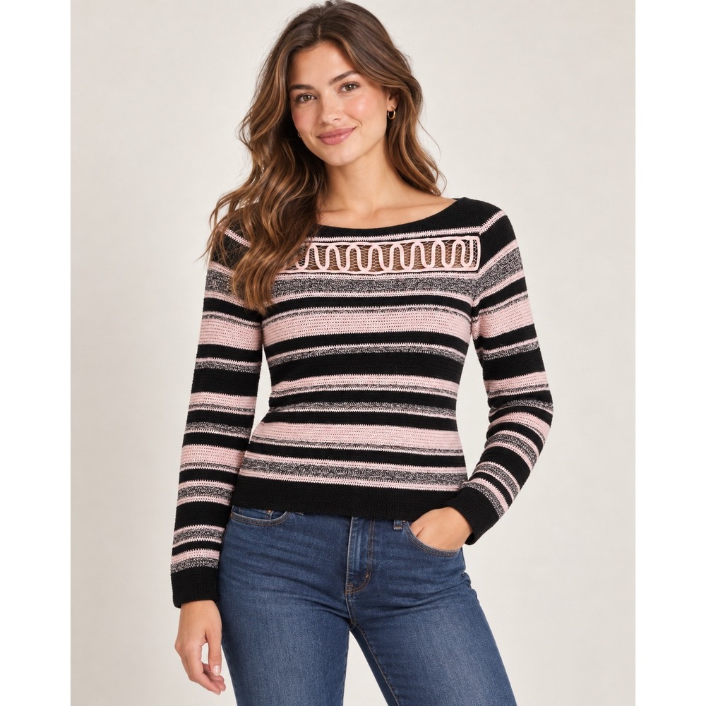Dana Buchman Silk Knit Sweater Womens Small Black Pink Striped Crochet Coquette